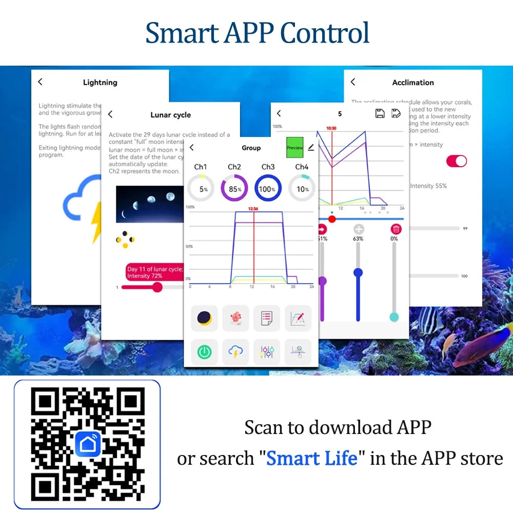 Wifi Marine Aquarium Light Smart Saltwater Lighting with App Control for Coral Reef SPS/LPS Fish Tank Lamp, with Mount
